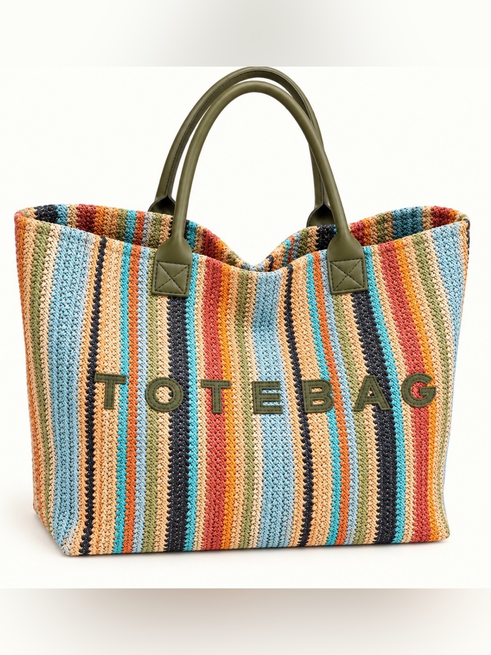 Multicolor Striped Woven Tote with Gold Handles
